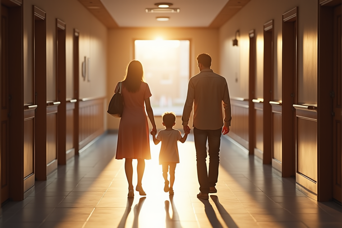 Famille marchant dans un couloir de tribunal lumineux
