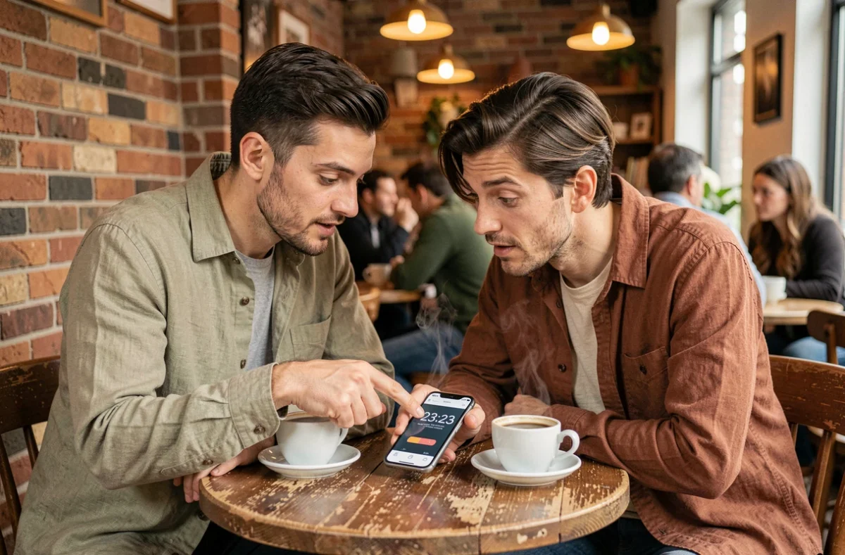 Couple dans un café discutant de l'heure miroir 23h23 sur leur téléphone, représentant l'influence des heures miroirs sur les relations amoureuses et les choix de vie