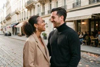 Couple élégant et souriant dans une rue parisienne en automne, atmosphère romantique et urbaine