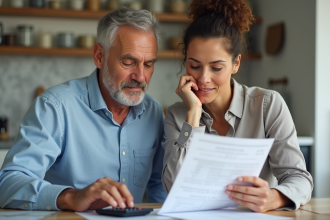 Couple d'adultes lisant des documents immobiliers à la maison