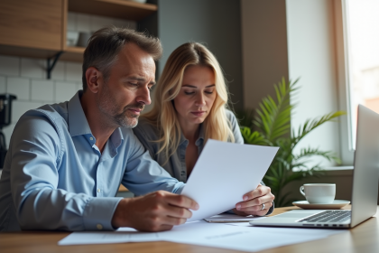 Couple français en cuisine avec papiers et ordinateur