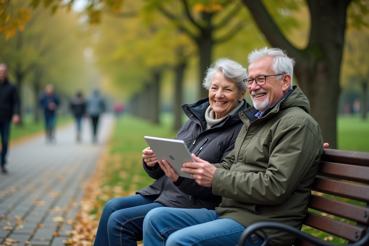 Couple dans un parc utilisant une tablette pour planifier