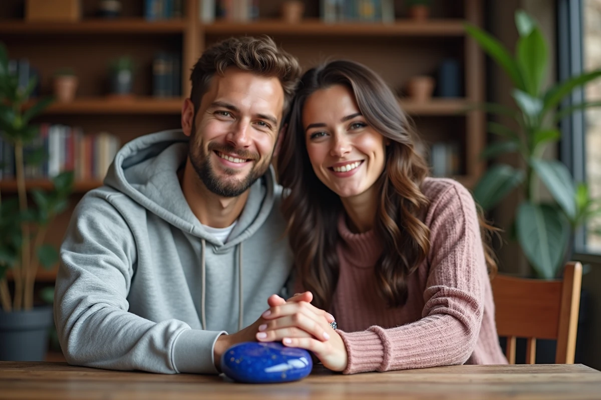 Couple tenant une pierre bleue ensemble, illustrant la signification de la pierre bleue pour renforcer le lien amoureux