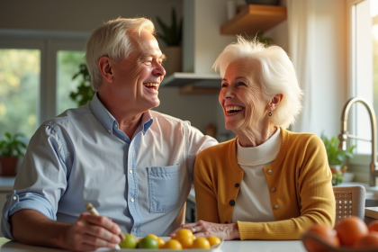 Couple d'anciens riant dans une cuisine lumineuse
