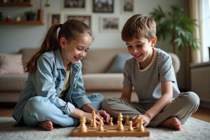Deux cousins jouent à un jeu de société dans le salon