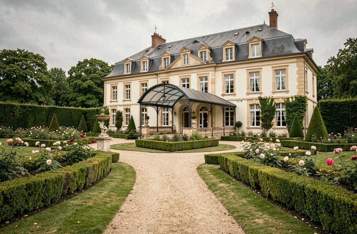Façade du Mercure Demeures de Campagne Parc du Coudray avec allée gravillonnée et jardins à la française