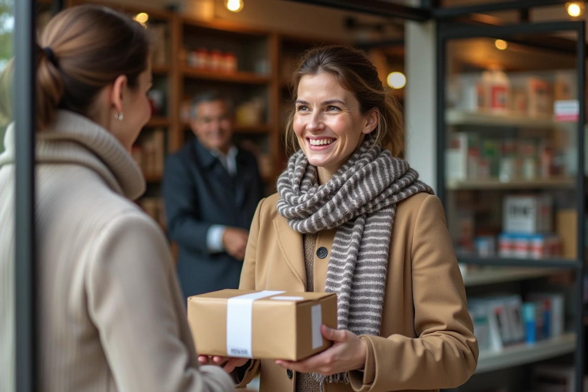 Femme remettant un colis Chronopost à un bureau de tabac relais le week-end matin