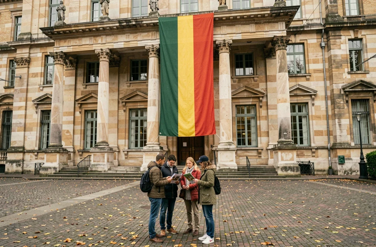 Façade néoclassique à Bruxelles avec un grand drapeau belge noir jaune rouge suspendu entre des colonnes en pierre, touristes sur la place pavée