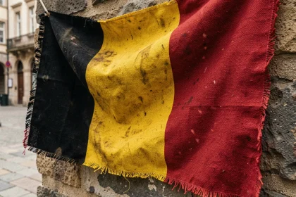 Gros plan sur un drapeau belge noir jaune rouge en tissu usé drapé sur un mur en pierre, symboles et histoire du drapeau national belge