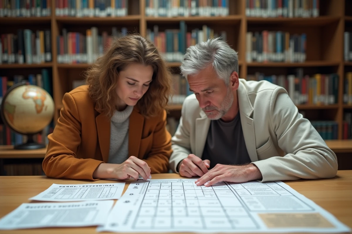 Deux adultes collaborant sur des énigmes logiques difficiles dans une bibliothèque, exercice mental et réflexion collective