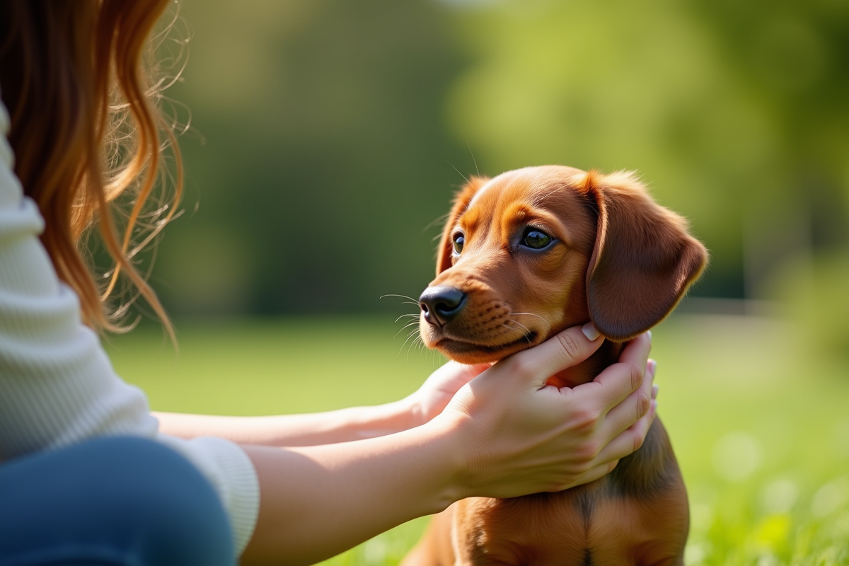 Adulte entraînant un chiot dachshund dans un parc vert
