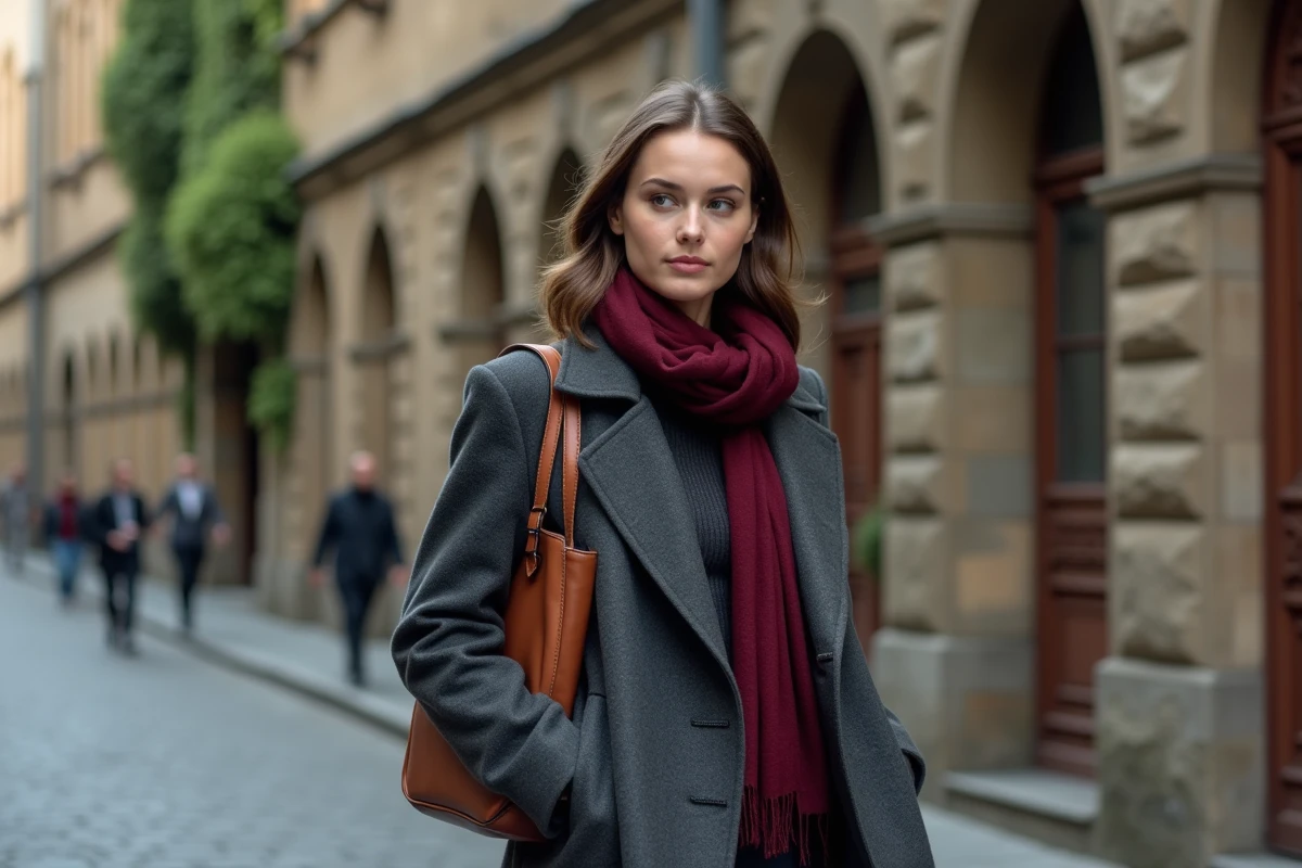 Femme élégante en manteau gris marchant sur des pavés d'une rue européenne historique, référence au parcours cinématographique international d'Emma Watson