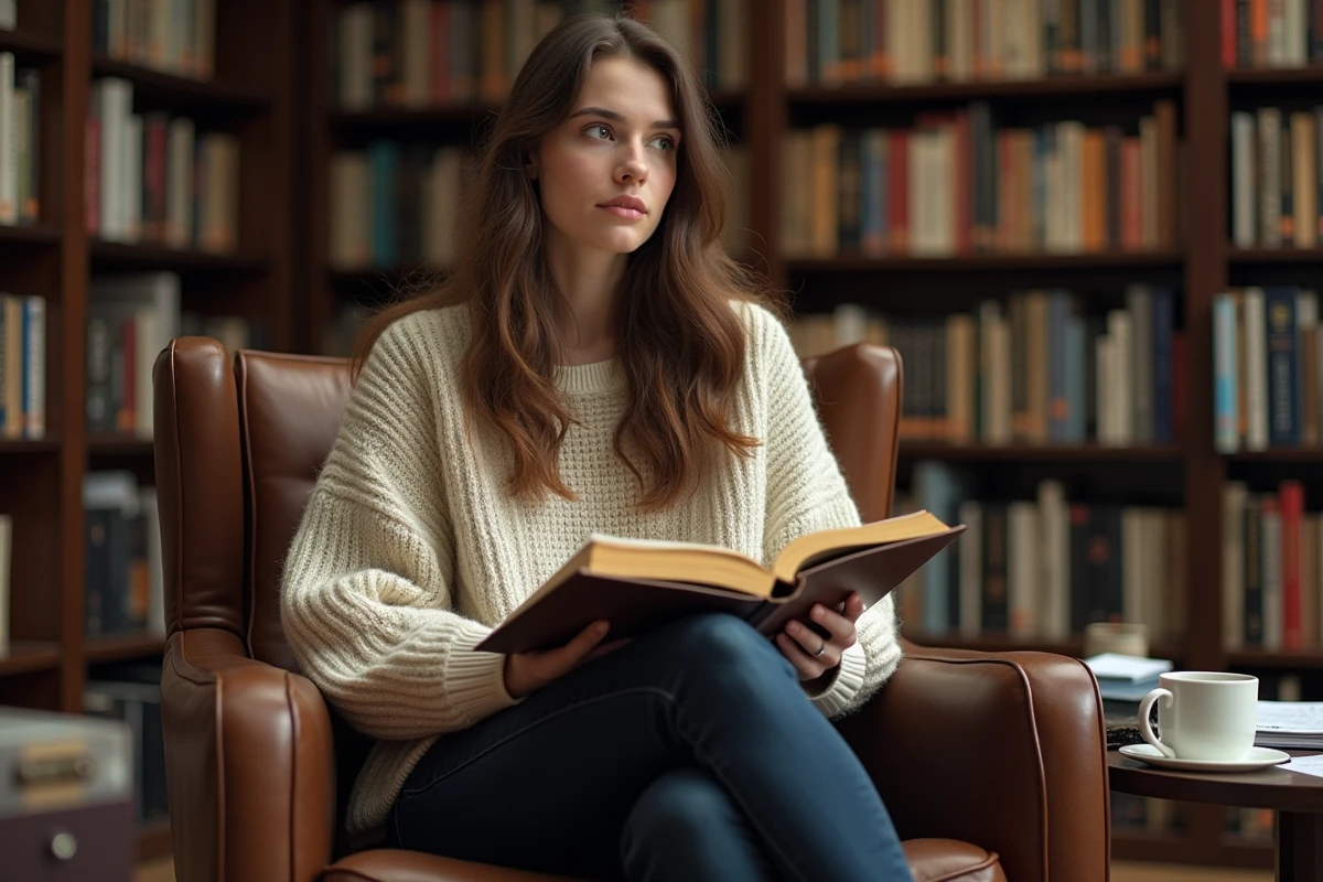 Femme brune en pull crème lisant dans une bibliothèque privée chaleureuse, évoquant l'univers littéraire et cinématographique d'Emma Watson