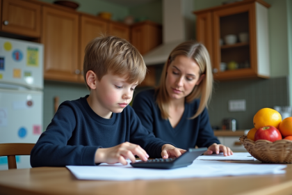 Garçon et mère à la cuisine regardant des factures