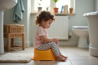Petite fille assise sur un pot dans la salle de bain