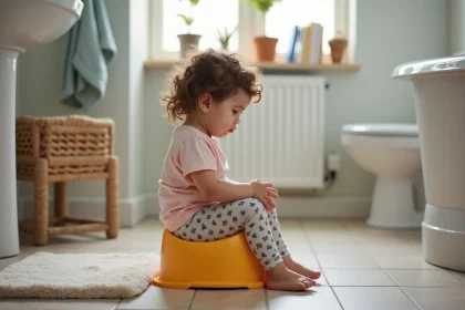Petite fille assise sur un pot dans la salle de bain