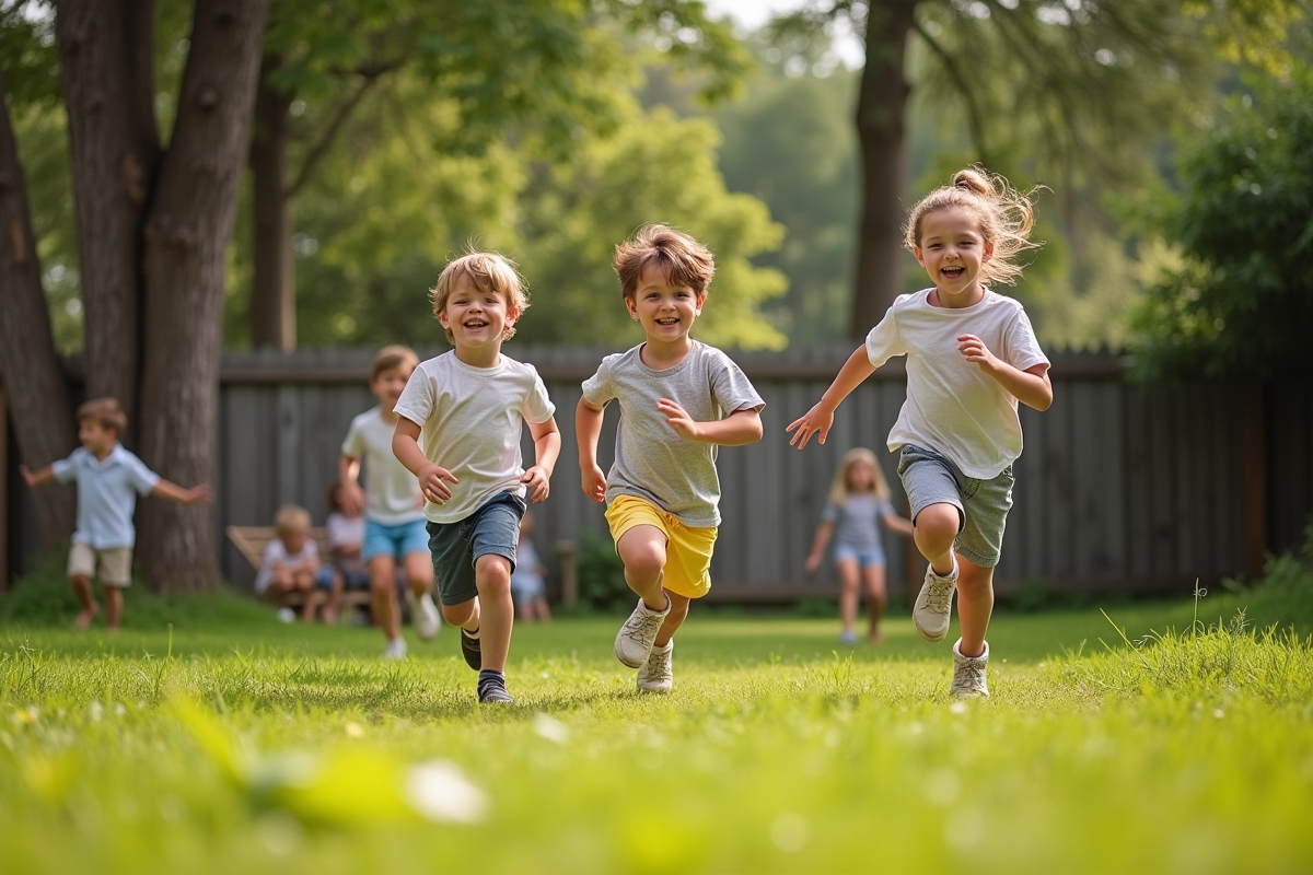 Trois enfants courent et rient dans un jardin en été