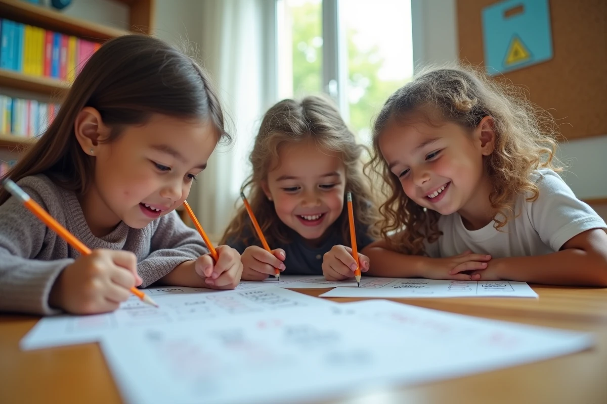 Enfants travaillant sur des exercices de rimes en 'ou' autour d'une table en classe