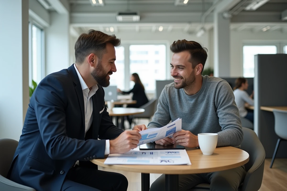 Deux entrepreneurs discutant d'une police d'assurance professionnelle dans un espace de coworking