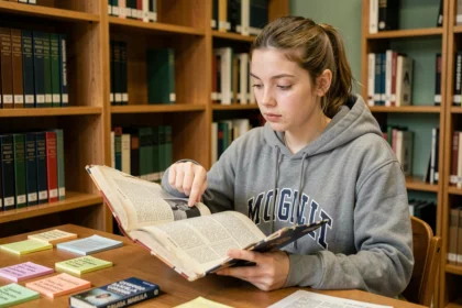 Étudiante en langues consultant un dictionnaire français-espagnol pour apprendre le vocabulaire du fromager en espagnol