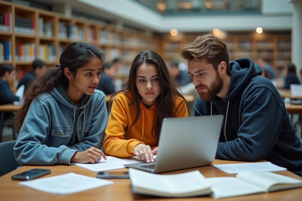 Groupe d'étudiants universitaires discutant de législation sur les contenus discriminatoires en ligne autour d'un ordinateur dans une bibliothèque