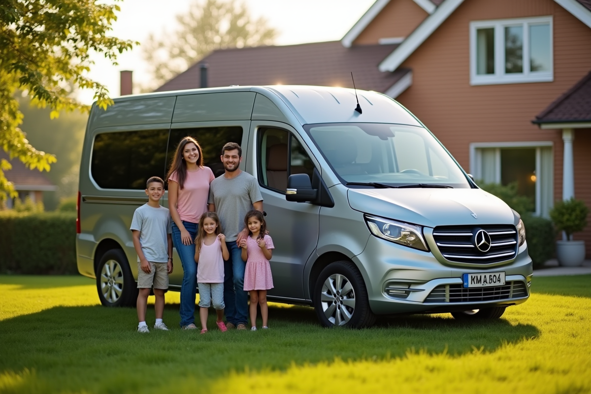 Famille heureuse avec leur minibus neuf devant une maison