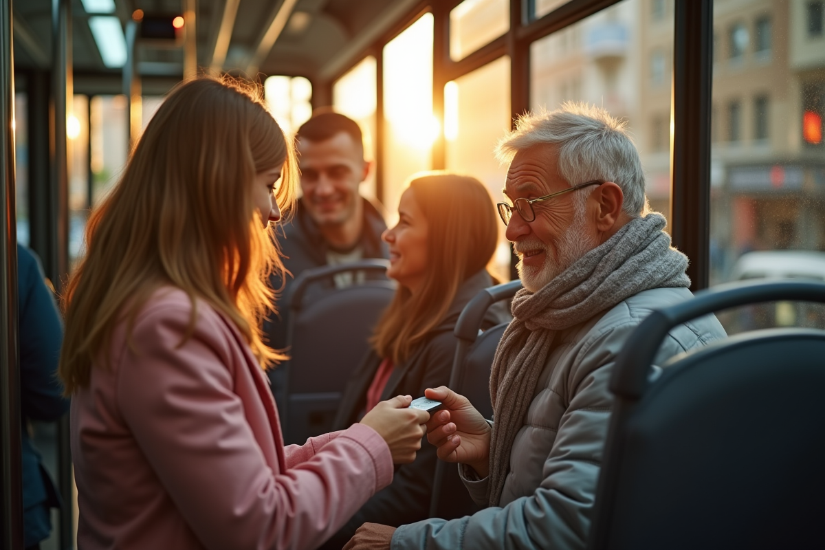 Famille utilisant une carte sans contact pour bus urbain