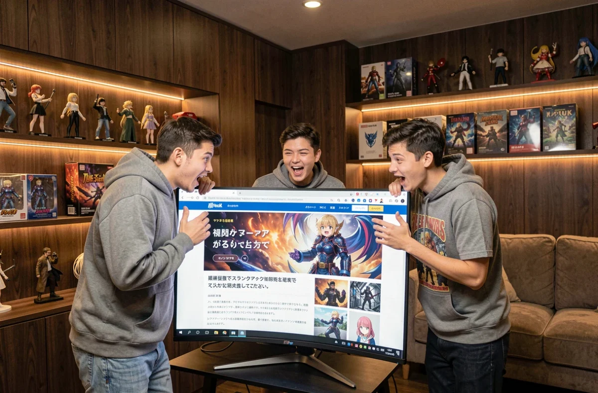 Trois fans d'anime découvrant l'annonce d'une adaptation animée d'un manhwa isekai sur un écran d'ordinateur
