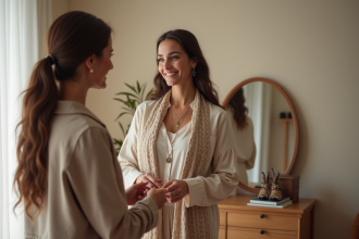 Femme souriante choisissant accessoires dans sa chambre