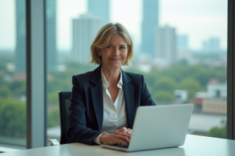 Femme d affaires souriante au bureau avec vue urbaine