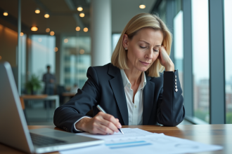 Femme en costume d'affaires examinant des documents dans un bureau moderne