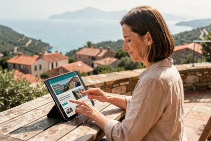 Femme consultant l'agrégateur Annudà sur une tablette depuis une terrasse en pierre avec vue sur un village corse et la mer Méditerranée