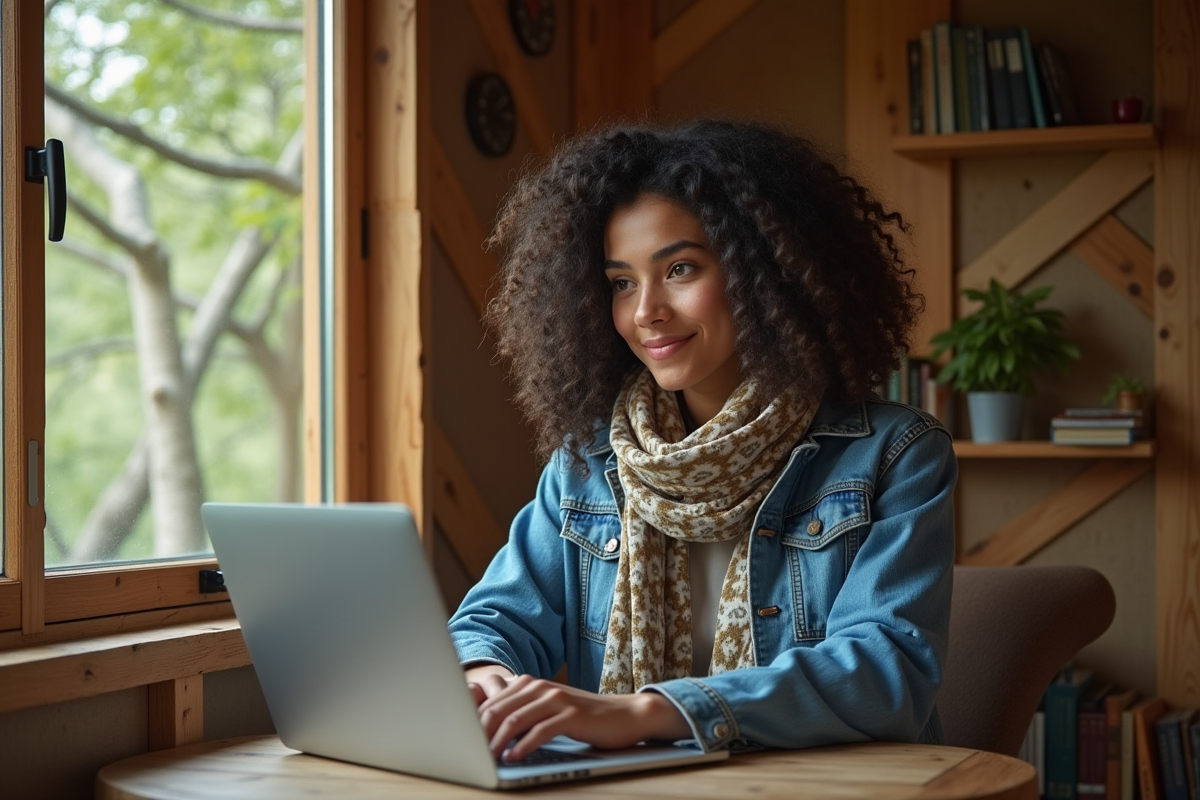 Jeune femme dans une cabane dans les arbres en train de prendre des notes