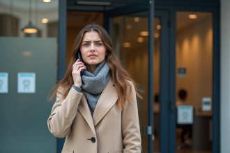 Jeune femme parlant au téléphone devant une clinique dentaire