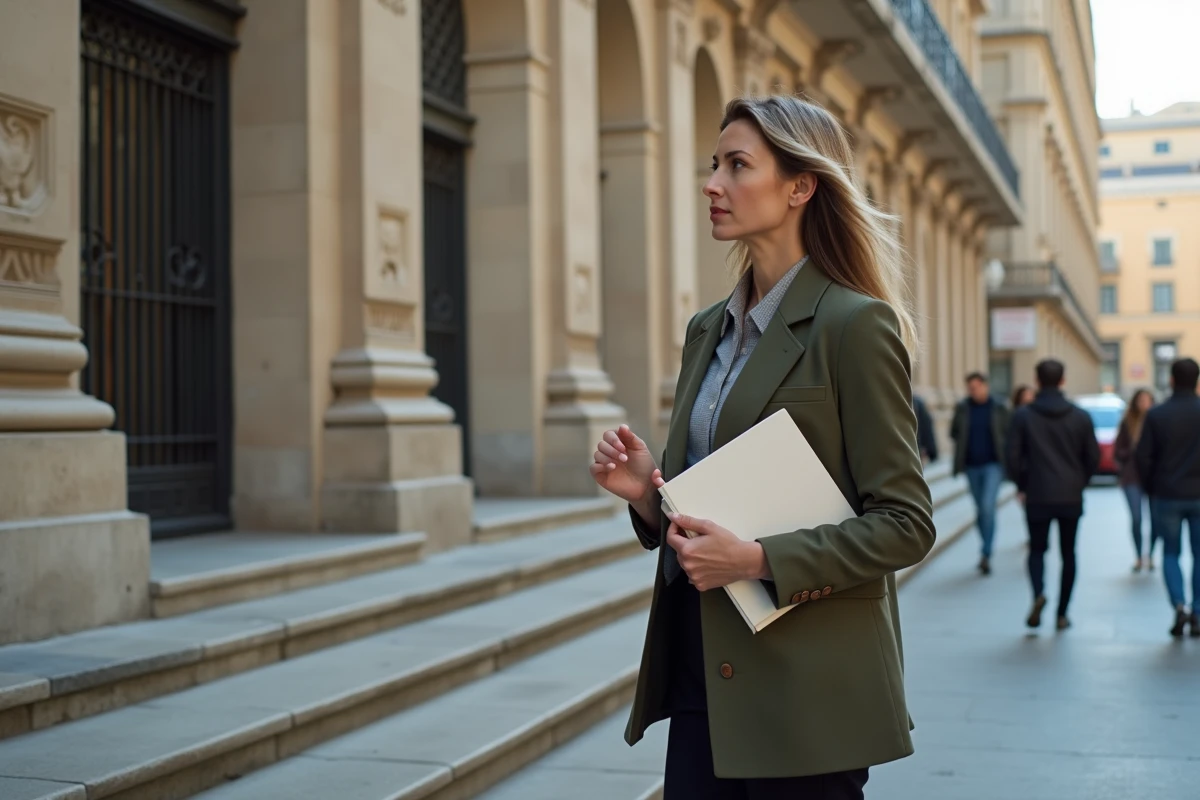 Femme tenant un dossier officiel devant un bâtiment administratif public, symbolisant la vérification de données biographiques dans des sources officielles