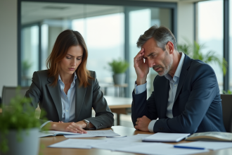 Femme en bureau avec collègue frustré en arrière-plan
