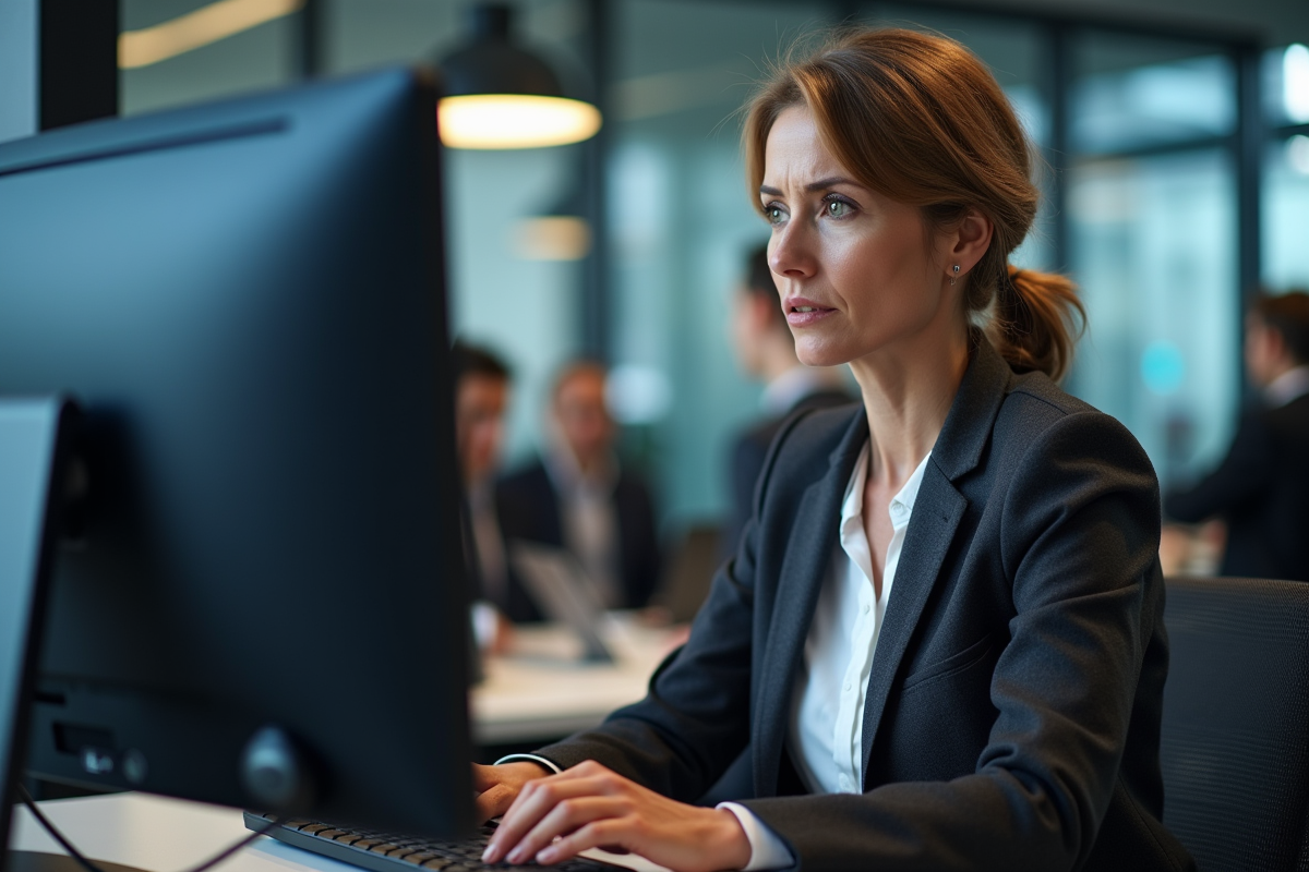 Femme d affaires vérifiant un message d erreur
