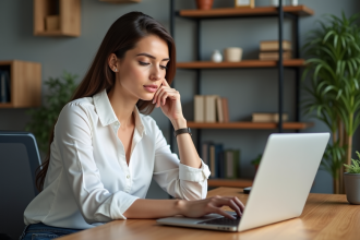 Femme professionnelle consulte plans tarifaires sur son ordinateur