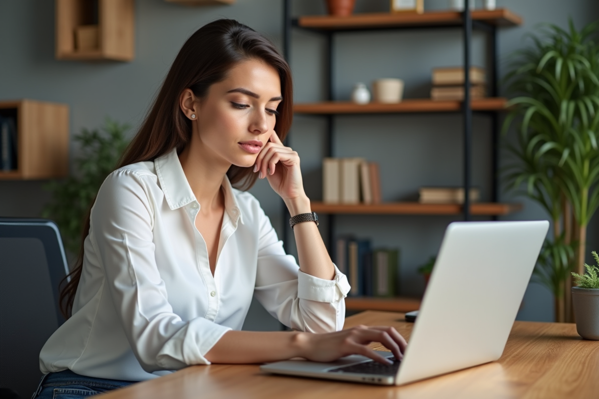 Femme professionnelle consulte plans tarifaires sur son ordinateur