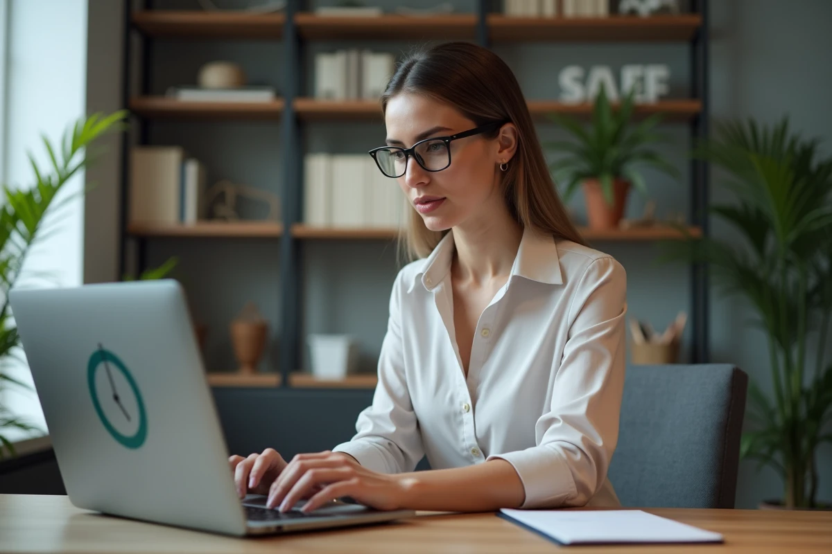 Femme au bureau convertissant minutes en heures sur un ordinateur