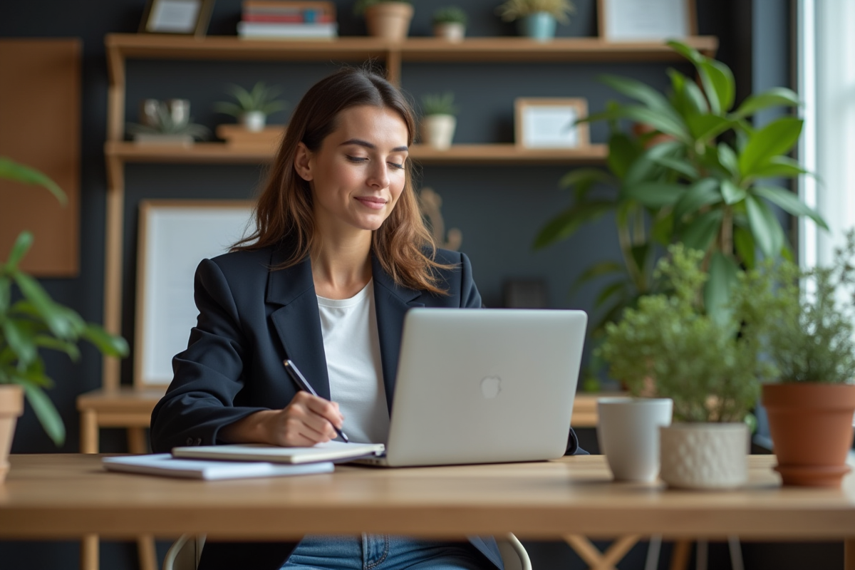Femme confiante dans un bureau moderne avec plantes et livres