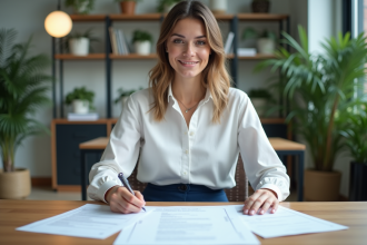 Femme en bureau organisant des documents professionnels
