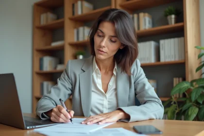 Femme consultant un document pour trouver un mot commençant par une majuscule G, assise à un bureau moderne avec ordinateur portable et notes manuscrites