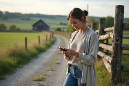 Femme à la campagne utilisant son smartphone pour des directions