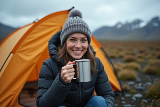 Jeune femme souriante en camping en Islande avec tente et paysage