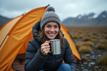 Jeune femme souriante en camping en Islande avec tente et paysage