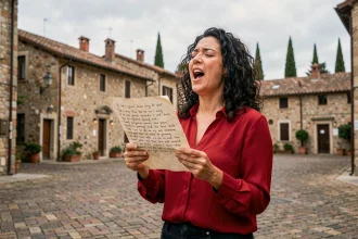 Femme chantant Bella Ciao avec des paroles manuscrites dans un village italien en pierre