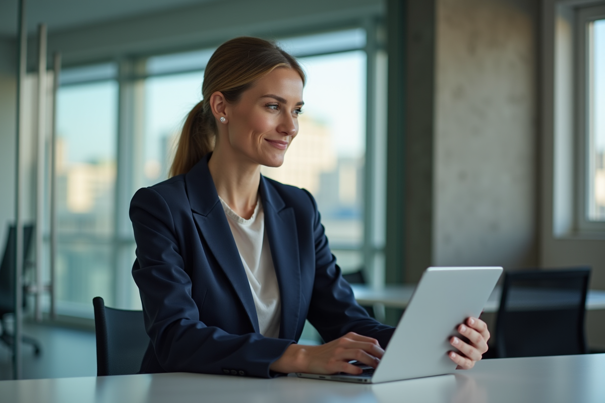 Femme confiante en réunion avec tablette et bureau
