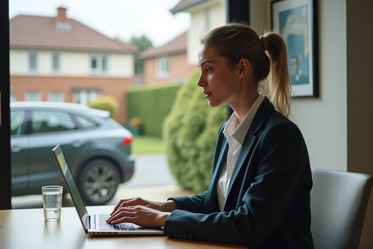 Jeune femme vérifiant un contrat de voiture en ligne