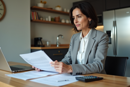Femme d affaires examinant contrats et documents fiscaux